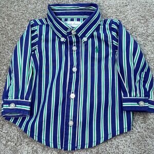 Ralph Lauren Baby Boy 3M Striped Button Down Shirt Navy Blue Green White Pony
